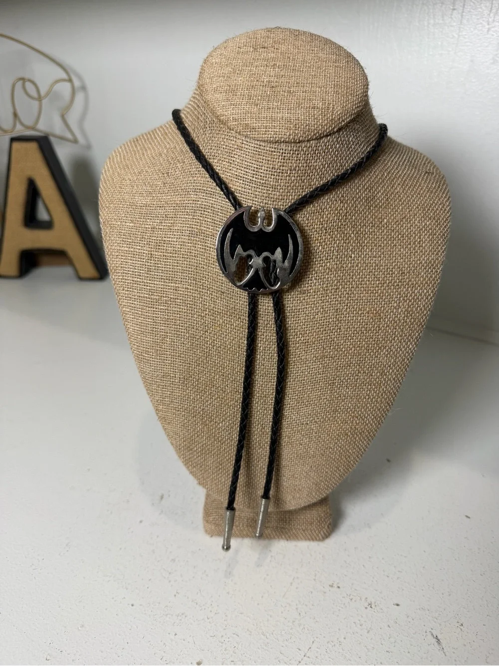 Western Bat Bolo Tie Unisex Black Silver Bolo Necklace Cowboy Goth 18 Inch